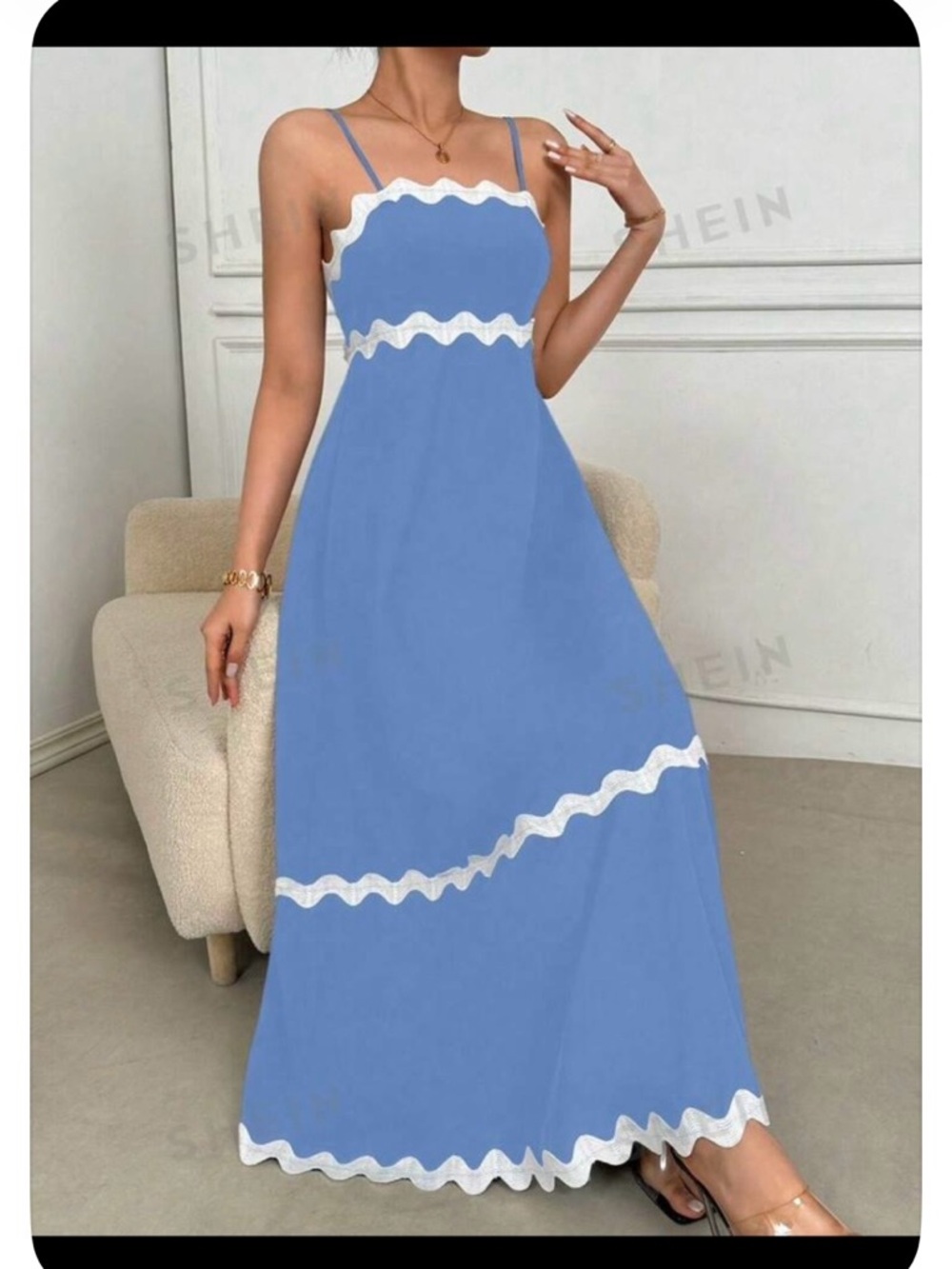 Blue Spaghetti-Strap Maxi Dress with White Trim